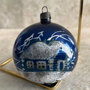 Old Vintage Christmas Ornament Hand Painted Cottage with Mica Sparkle Blue